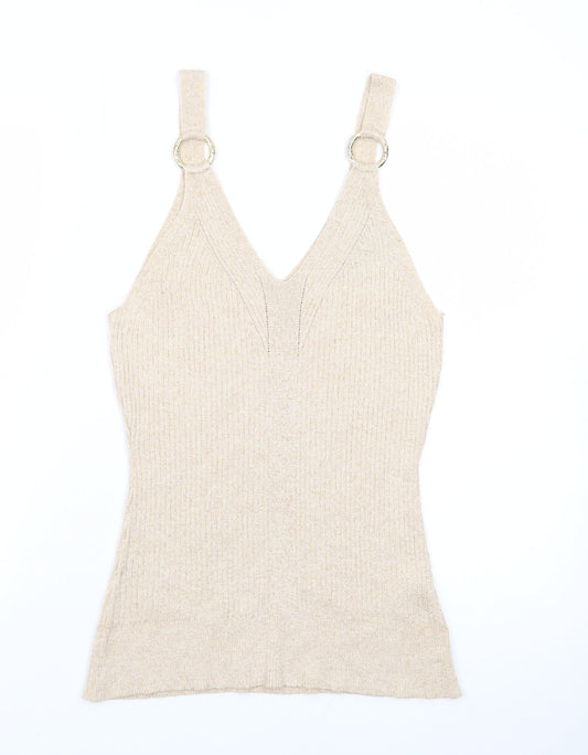 River Island Women’s Beige Knit Metallic V-Neck Camisole Tank Top Size 16