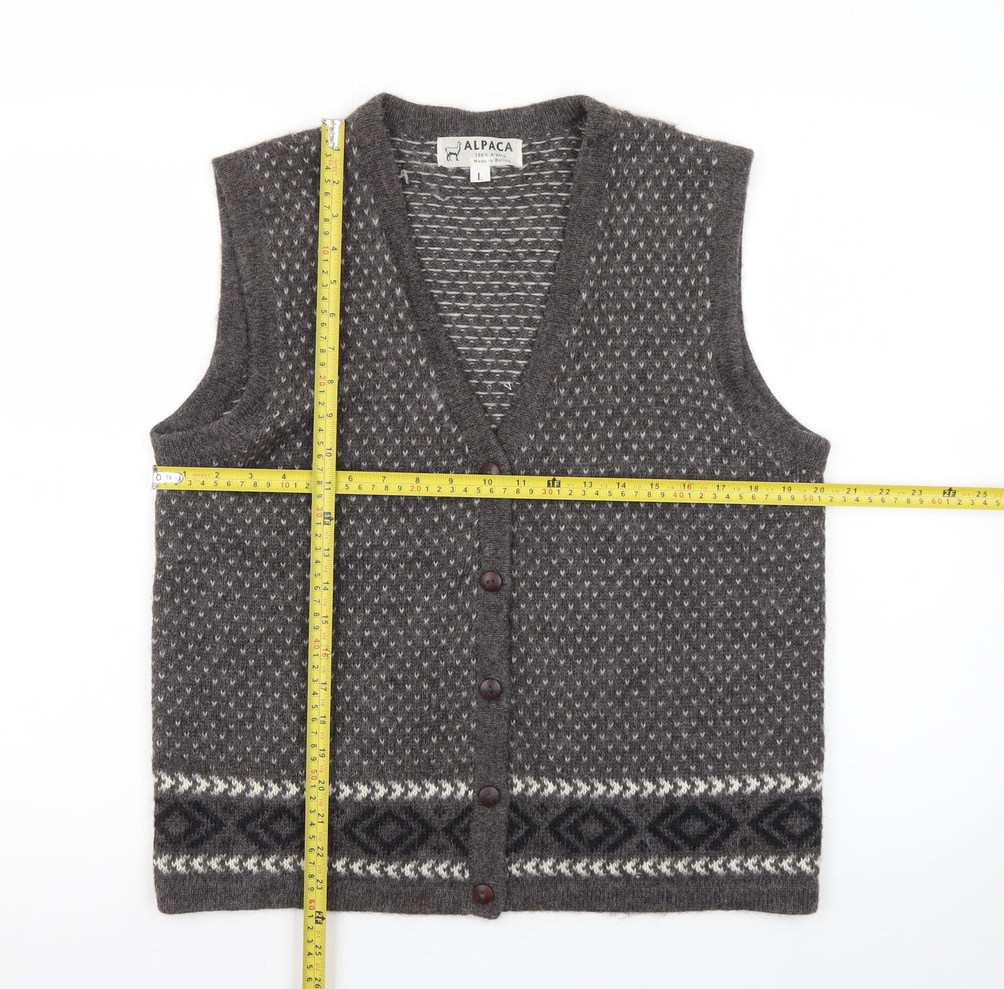 Alpaca Men's Grey Geometric Knit Sleeveless Vest L