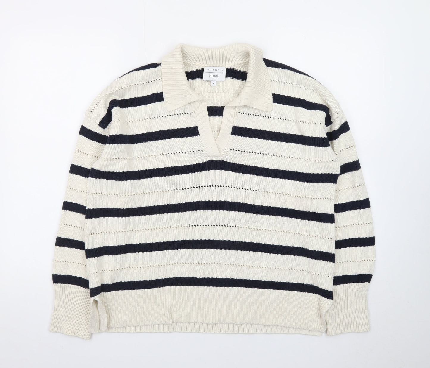 Hobbs Women’s Ivory Navy Striped Collared Knit Jumper Size M