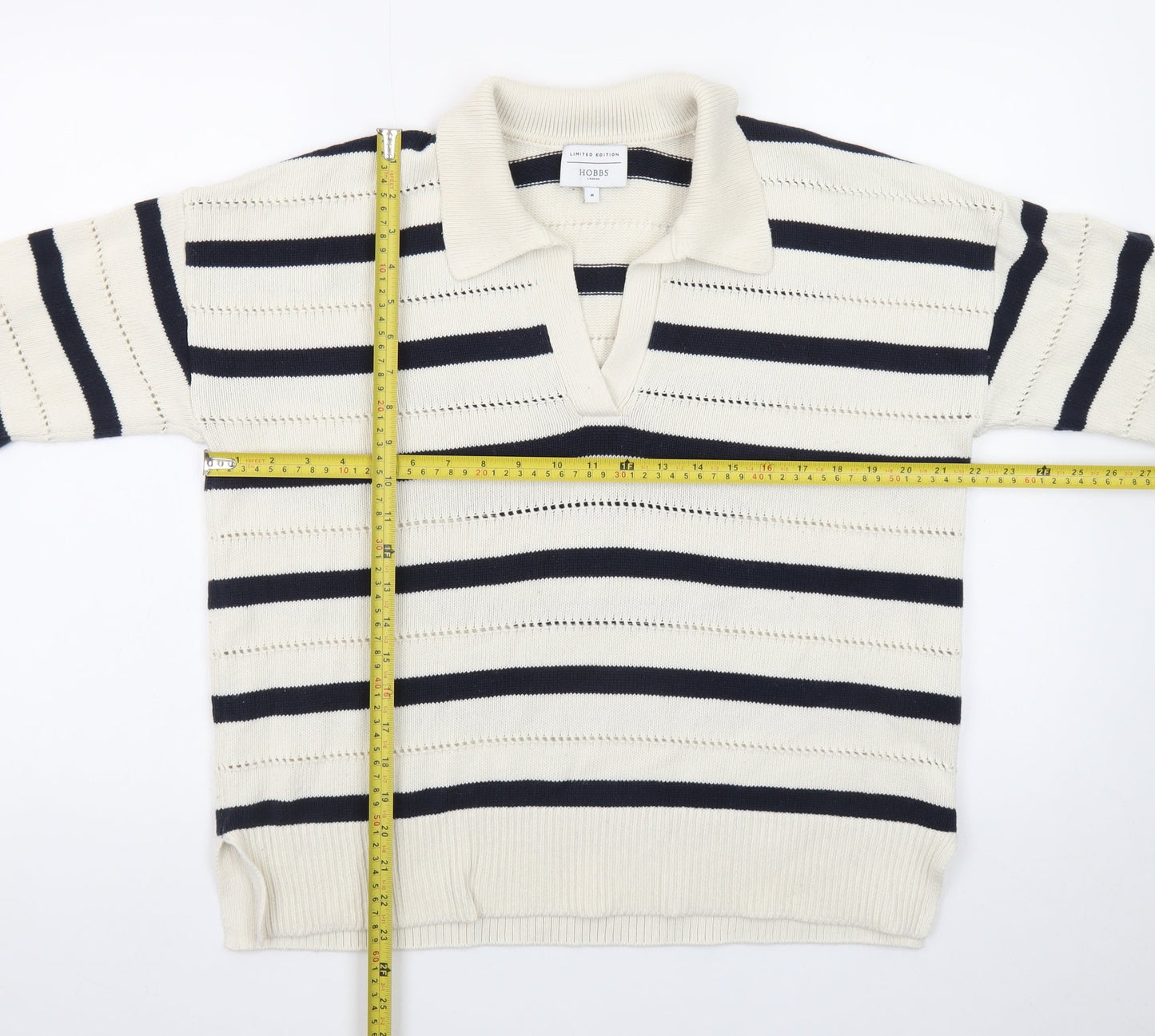 Hobbs Women’s Ivory Navy Striped Collared Knit Jumper Size M
