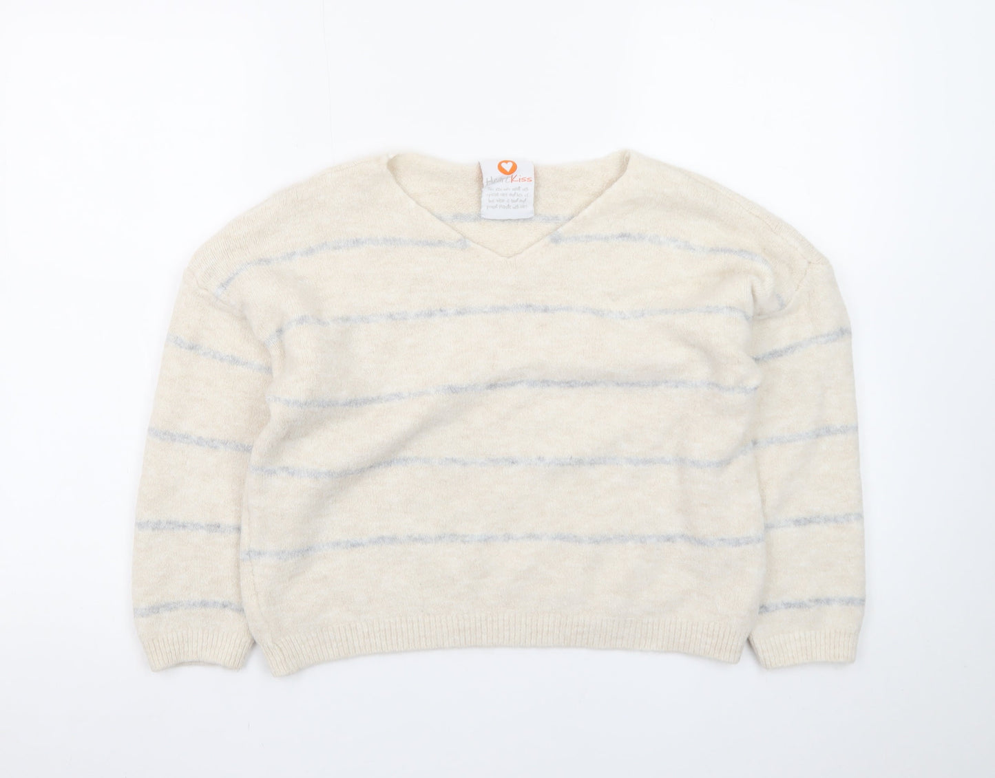 HeartKiss Women Beige Striped V-Neck Jumper L Acrylic Blend