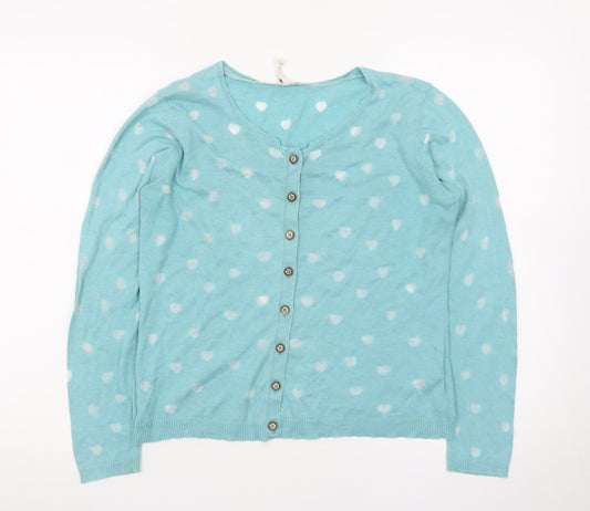White Stuff Women's Blue Heart Print Button Cardigan Size 12