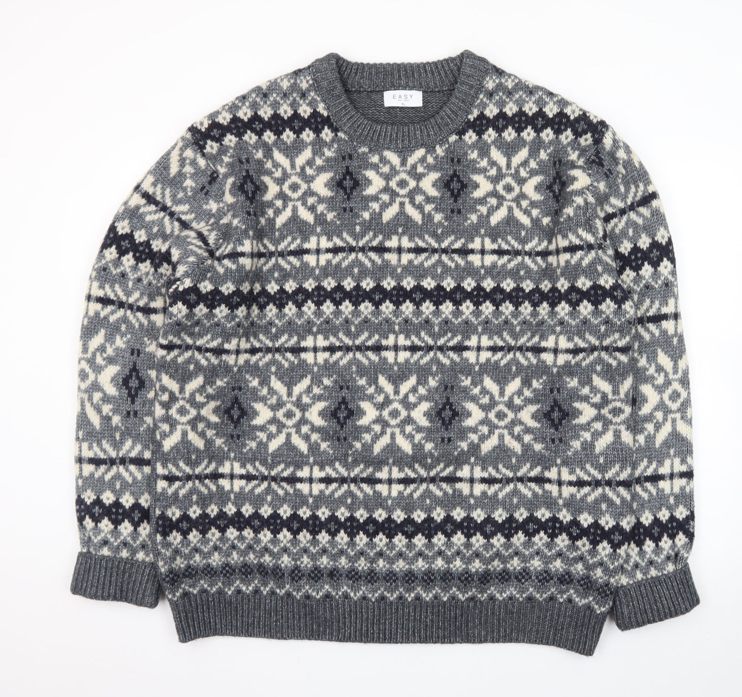 EASY Men's Grey Fair Isle Wool Blend Crew Neck Jumper XL