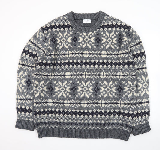 EASY Men's Grey Fair Isle Wool Blend Crew Neck Jumper XL