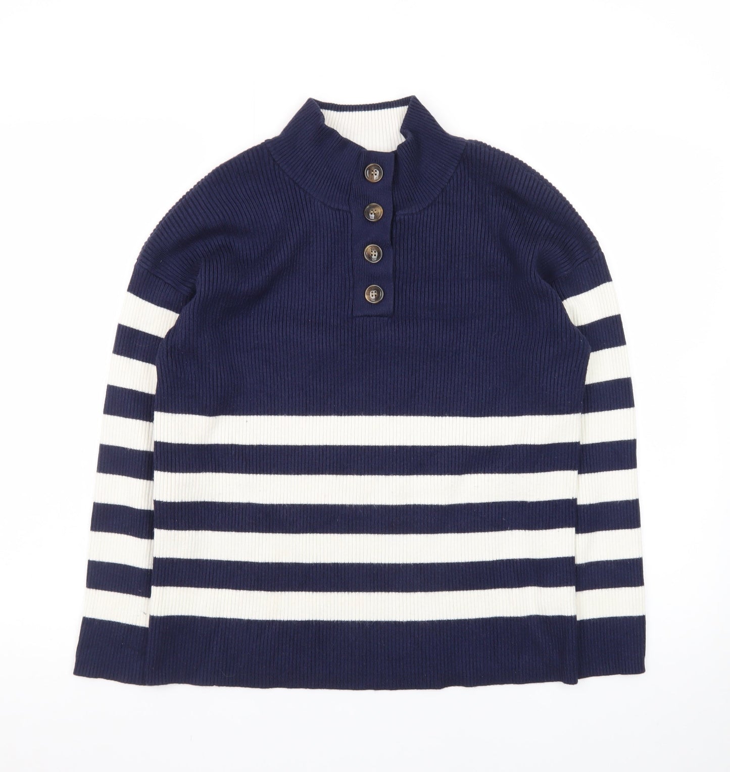 Crew Clothing Women’s Blue Striped Henley Mock Neck Jumper Size 10