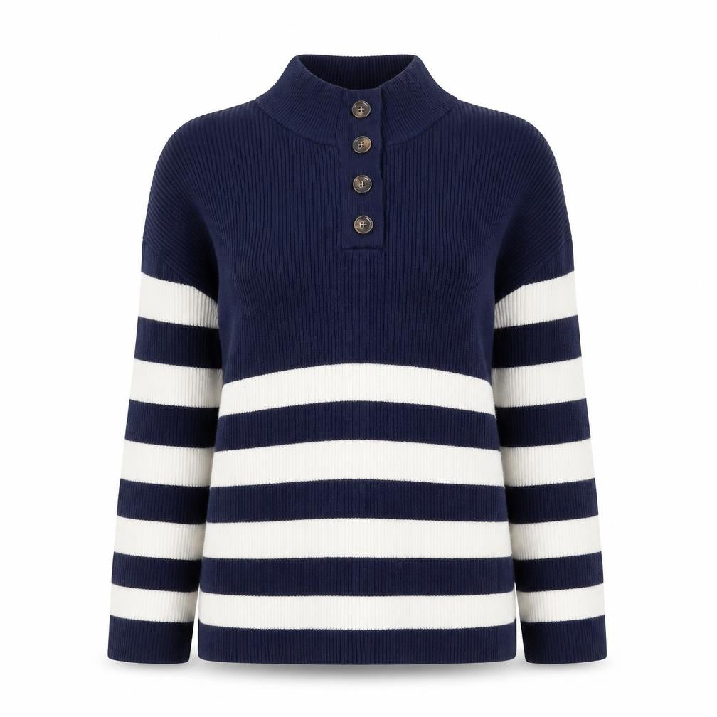 Crew Clothing Blue Striped Henley Mock Neck Jumper Size 10