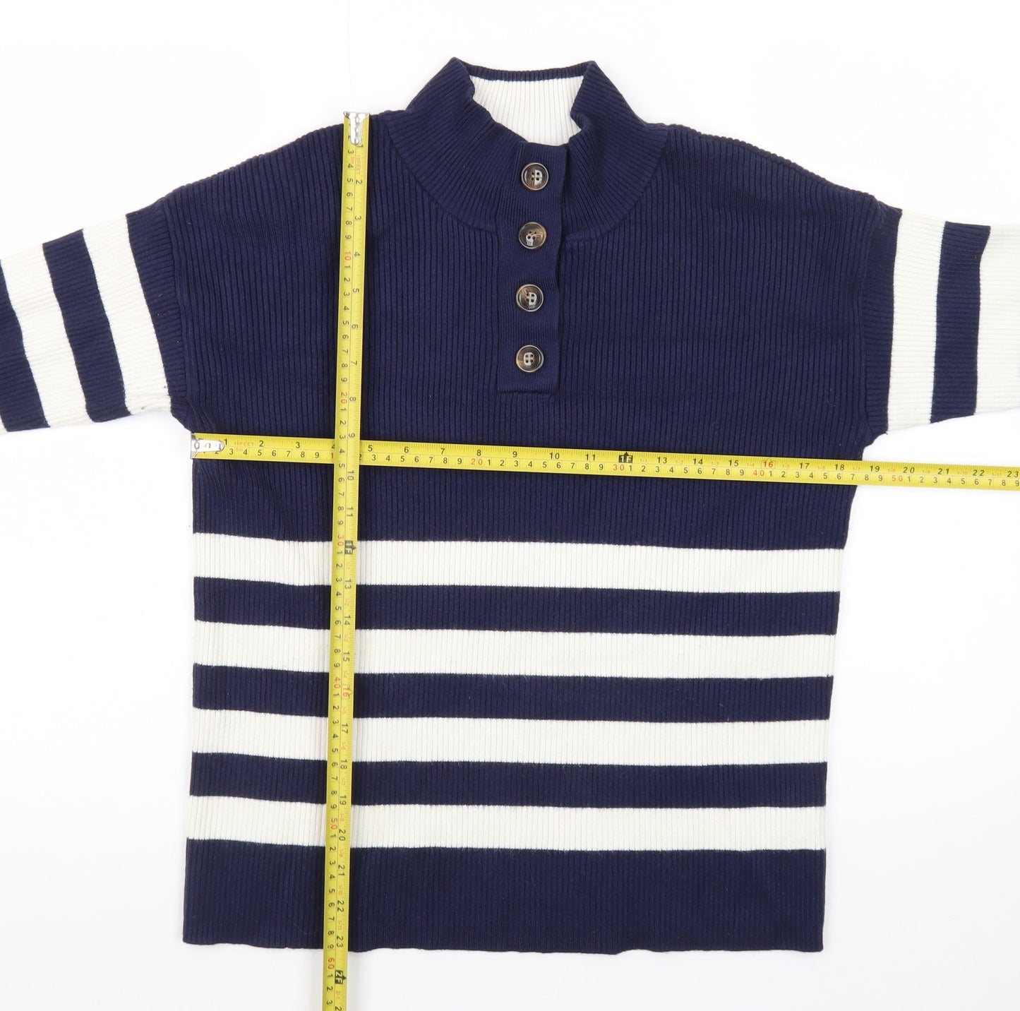Crew Clothing Women’s Blue Striped Henley Mock Neck Jumper Size 10