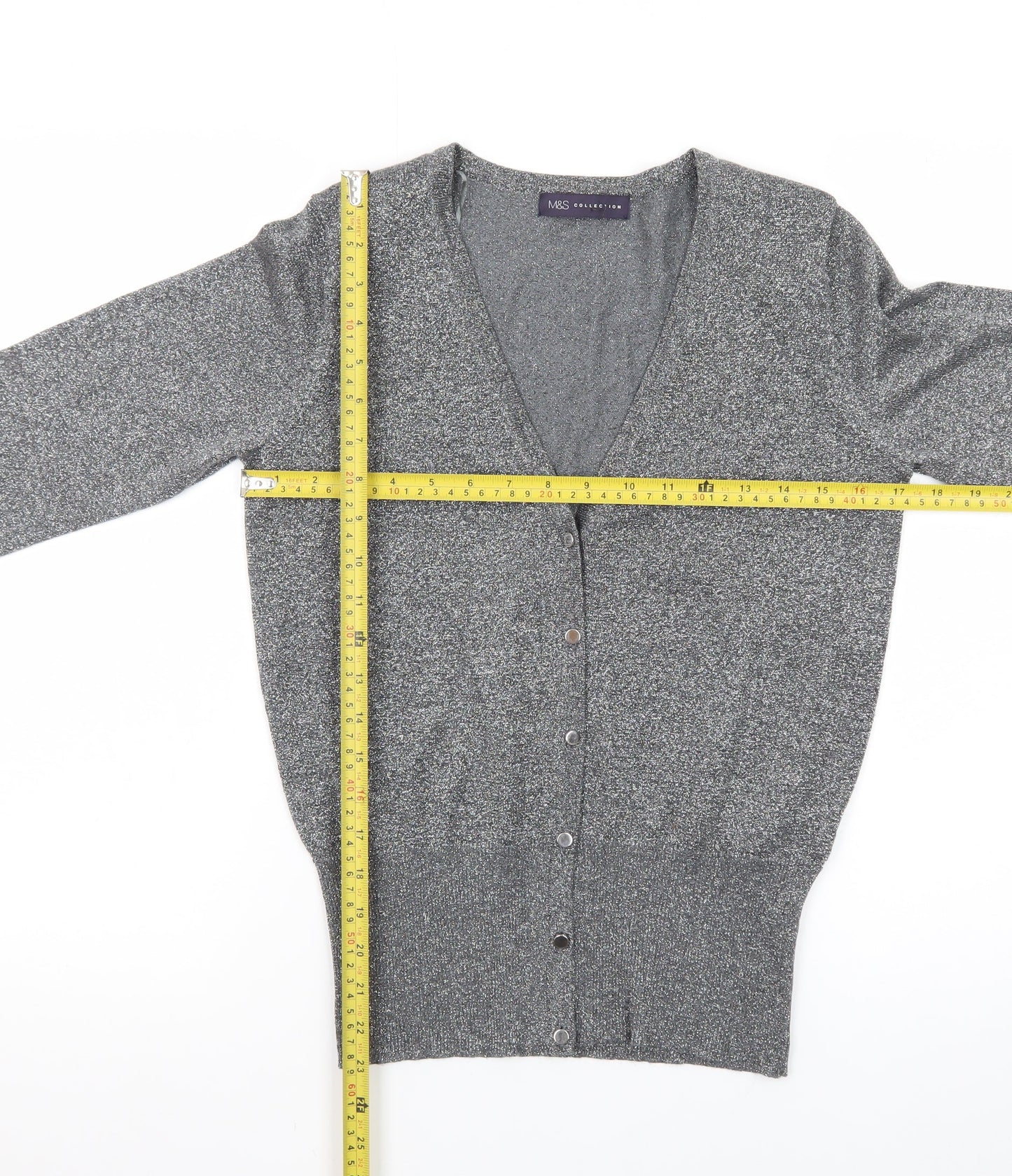 Marks and Spencer Women Grey Size 10 Metallic Button Cardigan