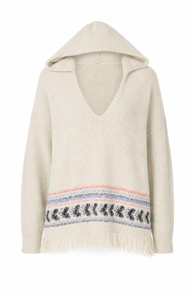 Hollister Women Beige Hooded Pullover Jumper S Cotton Fringe Knit