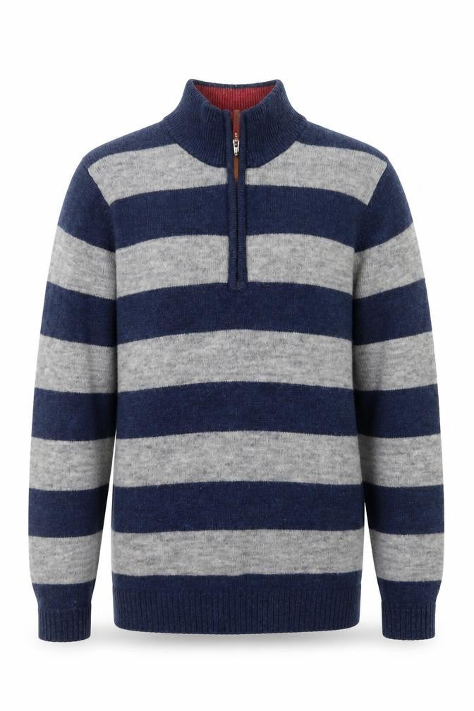 Jack Russell Men’s Blue Grey Striped 1/2 Zip Wool Jumper M