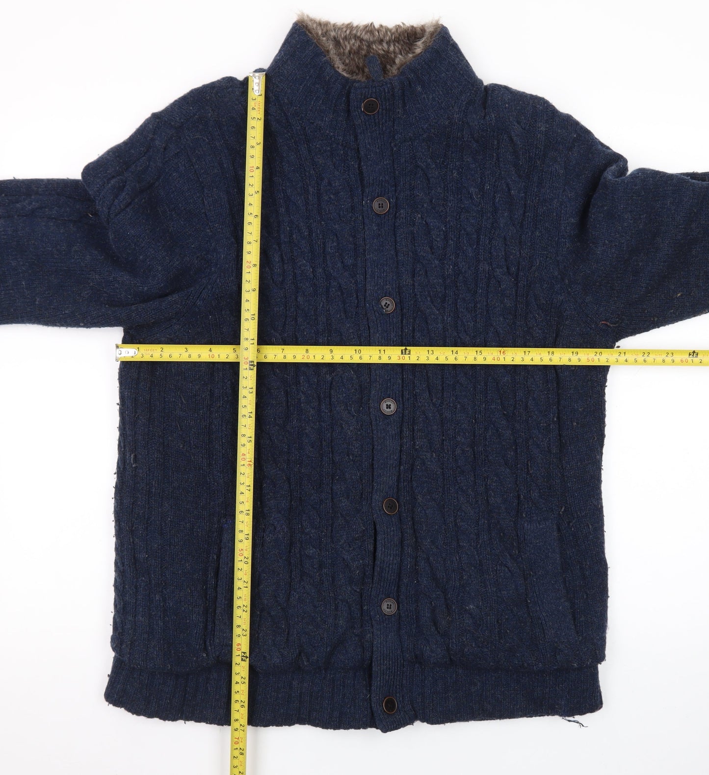 Morley Men's Blue Wool Cable Knit Fur Lined Button Cardigan L