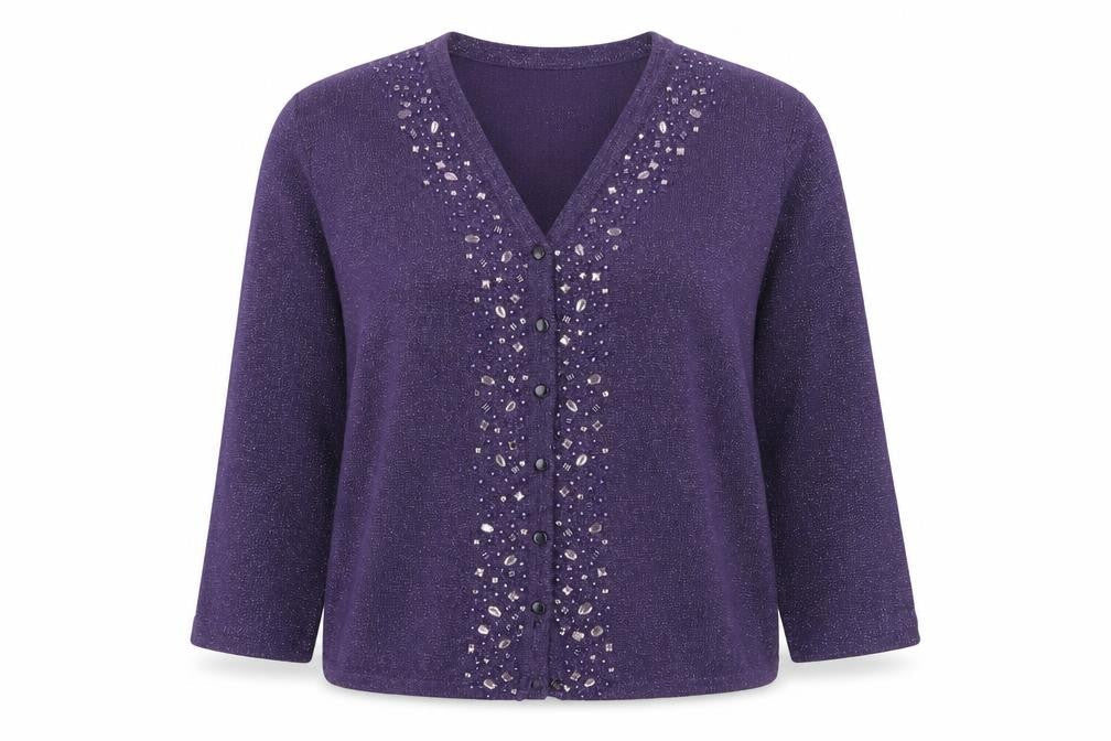 Bonmarché Womens Purple Beaded V-Neck Cardigan Size M Acrylic Knit