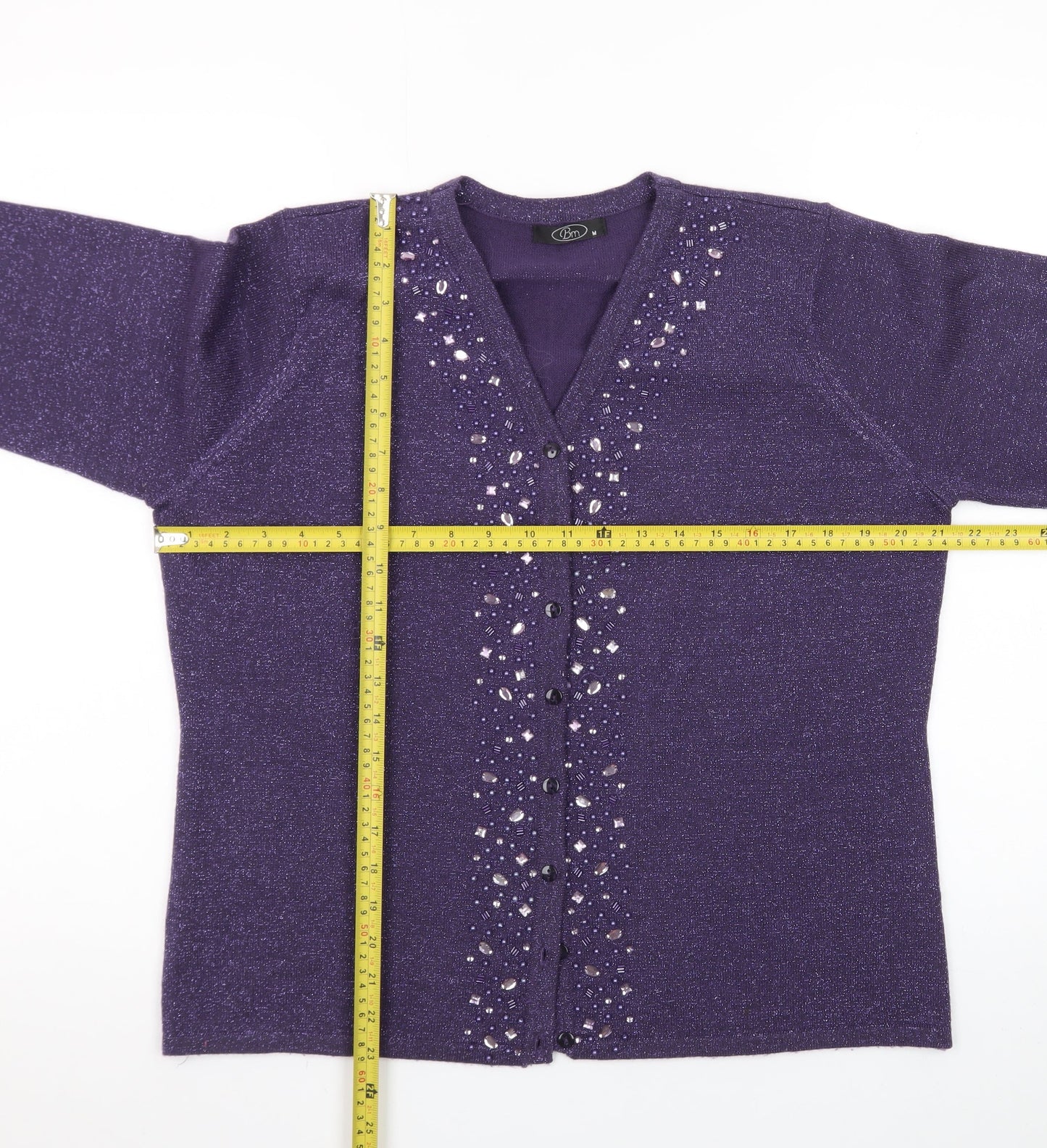 Bm Womens Purple Beaded V-Neck Cardigan Size M Acrylic Knit