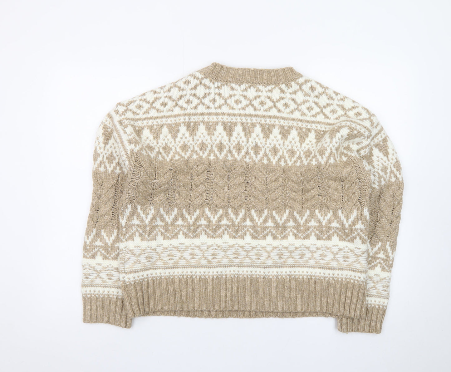 Apricot Womens Beige Fair Isle Cable-Knit Jumper UK 14 L Winter Pullover
