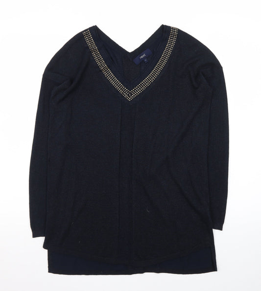 Next Womens Black Beaded V-Neck Long Sleeve Knit Jumper Size 8