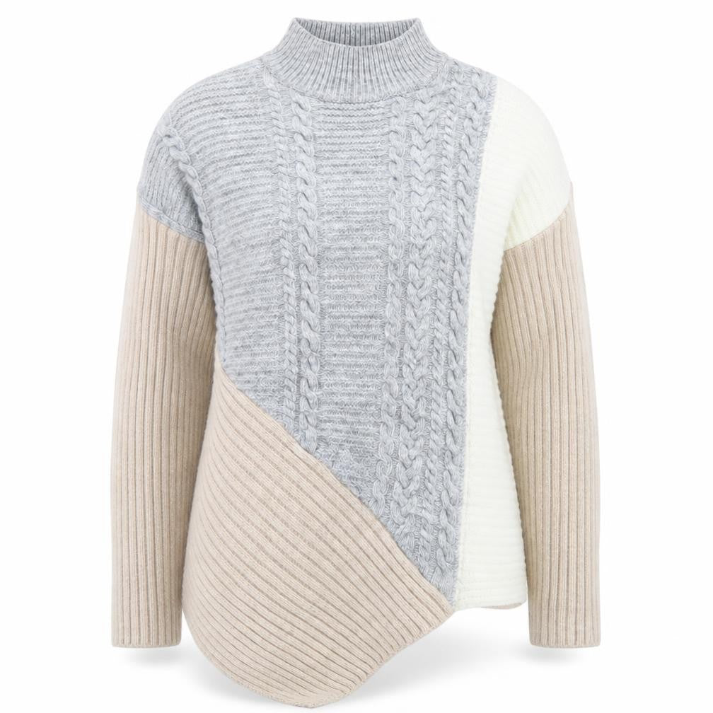 River Island Women’s Beige Colour Block High Neck Cable Knit Jumper Size 14