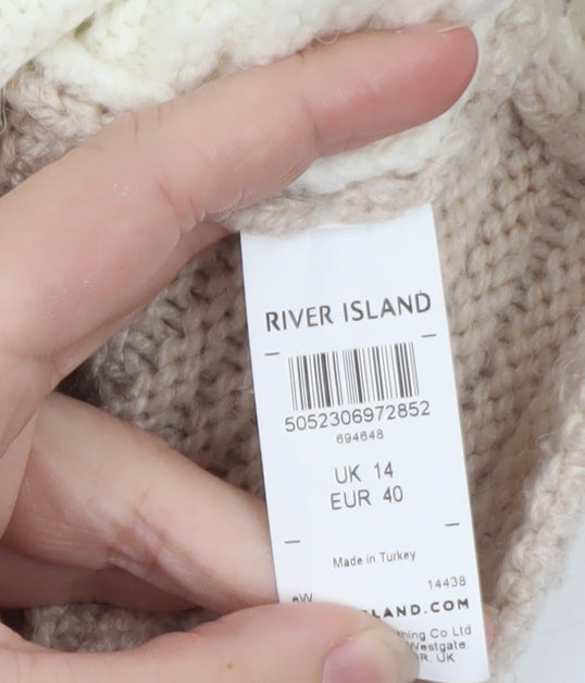 River Island Women’s Beige Colour Block High Neck Cable Knit Jumper Size 14