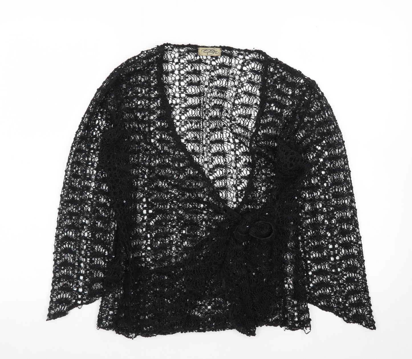 Etén Women’s Black Open Knit Sequin Crochet Cardigan Size L