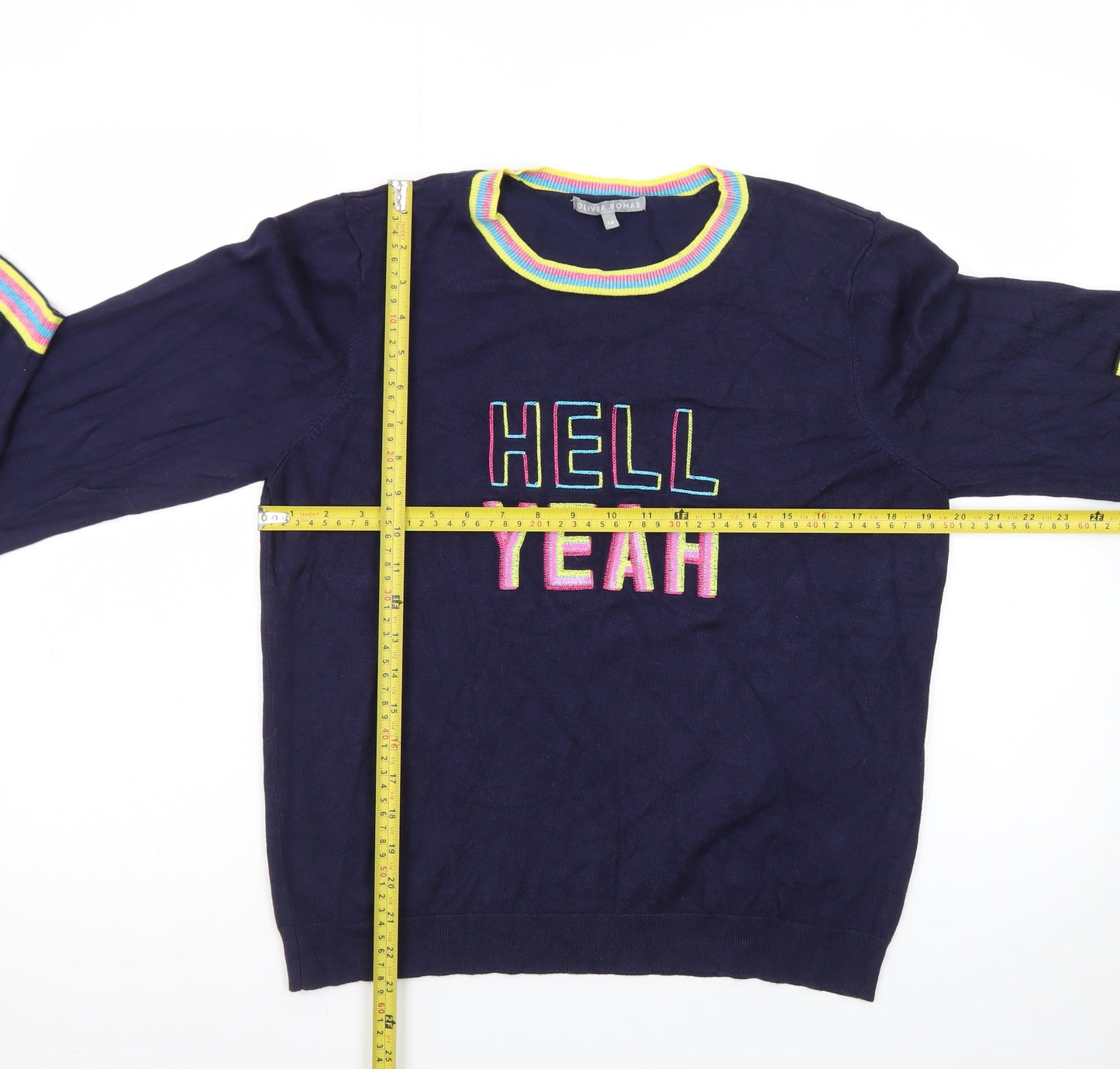 Oliver Bonas Women Navy Blue Jumper Size 14 Crew Neck Embroidered Hell Yeah Knit