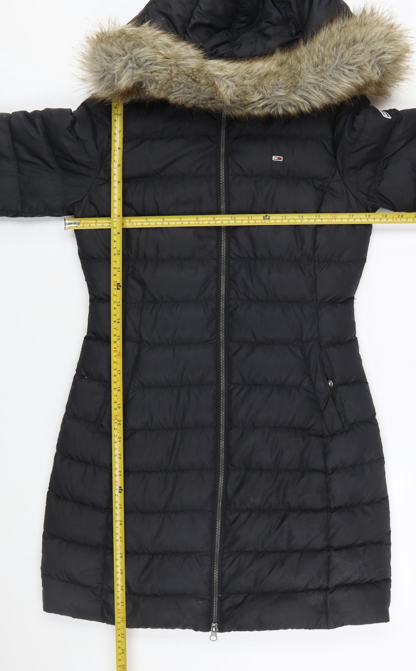 Tommy Jeans Women’s Black Long Puffer Coat Hooded Faux Fur Trim Size S