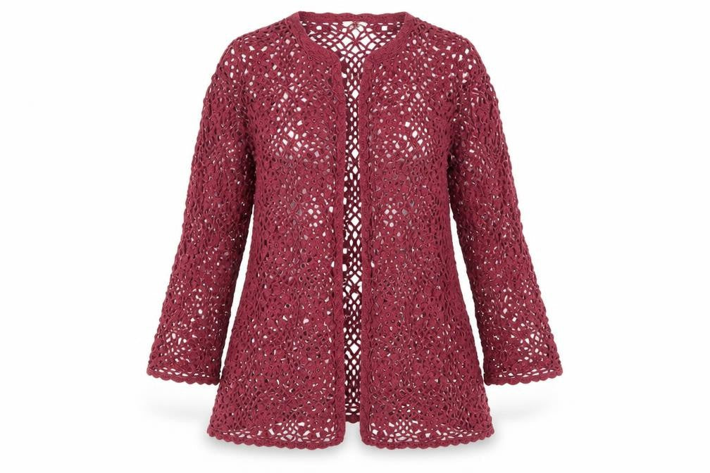 J.Jill Women Red Crochet Open Knit 3/4 Sleeve Cardigan L