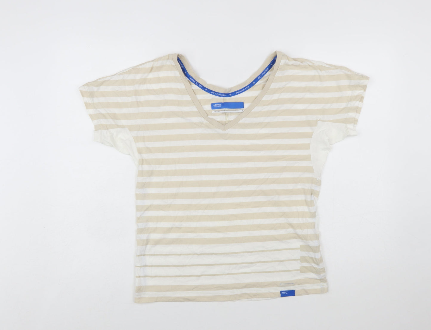 Adidas Womens Beige Striped V-Neck Cotton T-Shirt Size 10