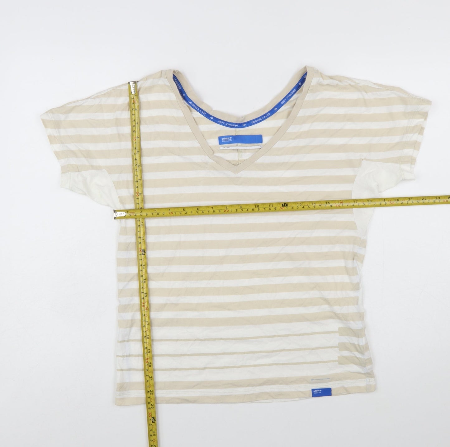 Adidas Womens Beige Striped V-Neck Cotton T-Shirt Size 10