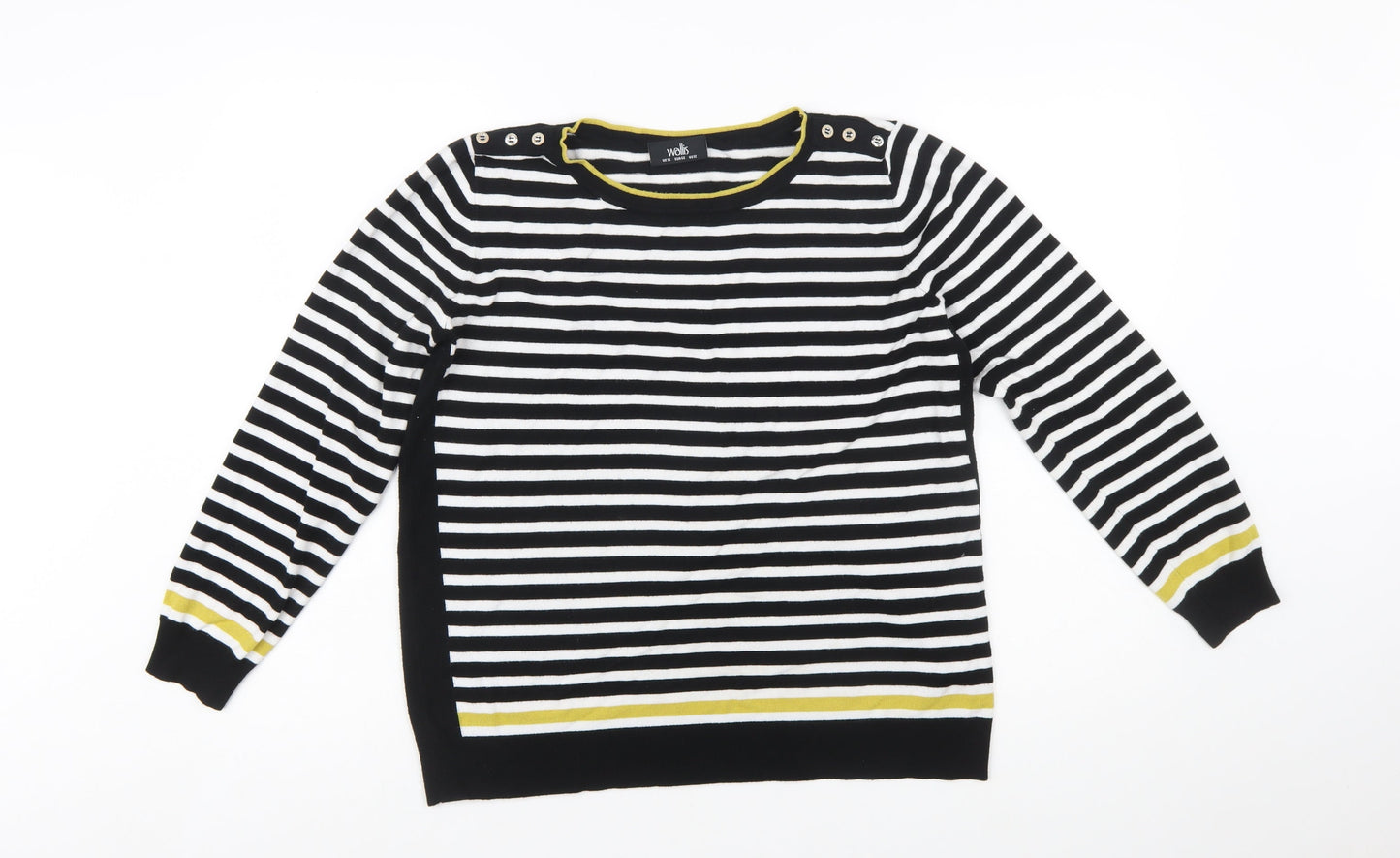 Wallis Women's Black Striped Button Shoulder Boat Neck Jumper Size 16