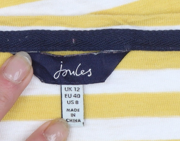 Joules Women Yellow White Striped Cotton Long Sleeve V-Neck Top UK 12