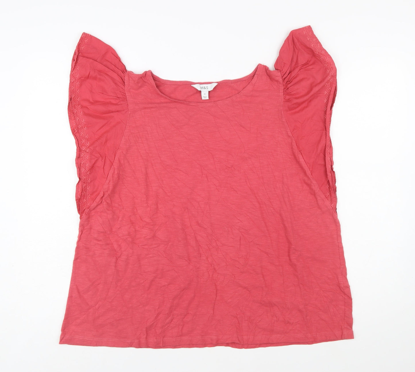 Marks and Spencer Womens Pink Cotton Embroidered Flutter Sleeve Blouse Size 16