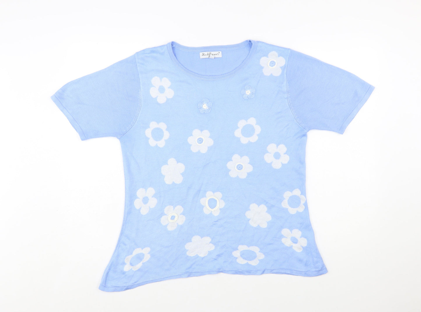 Mudflower Women Blue Floral Knit Short Sleeve Pullover Jumper S