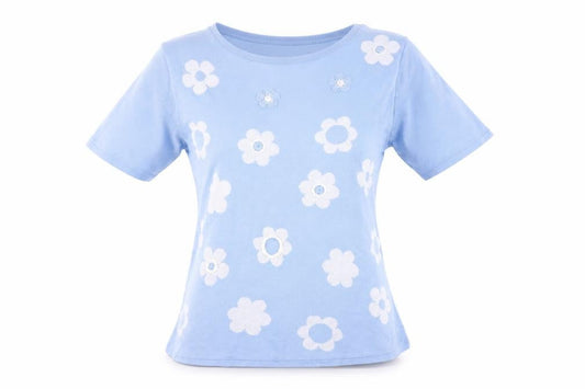 Mudflower Women Blue Floral Knit Short Sleeve Pullover Jumper S
