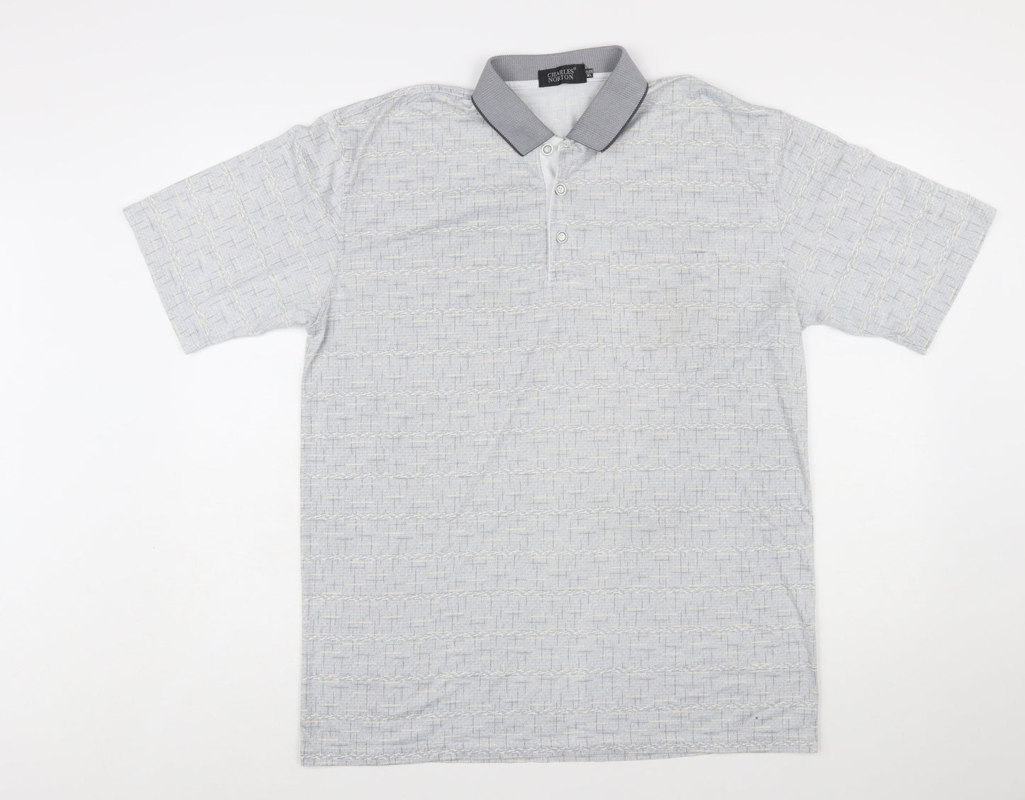 Charles Norton Men's Grey Geometric Polo Shirt XL Short Sleeve