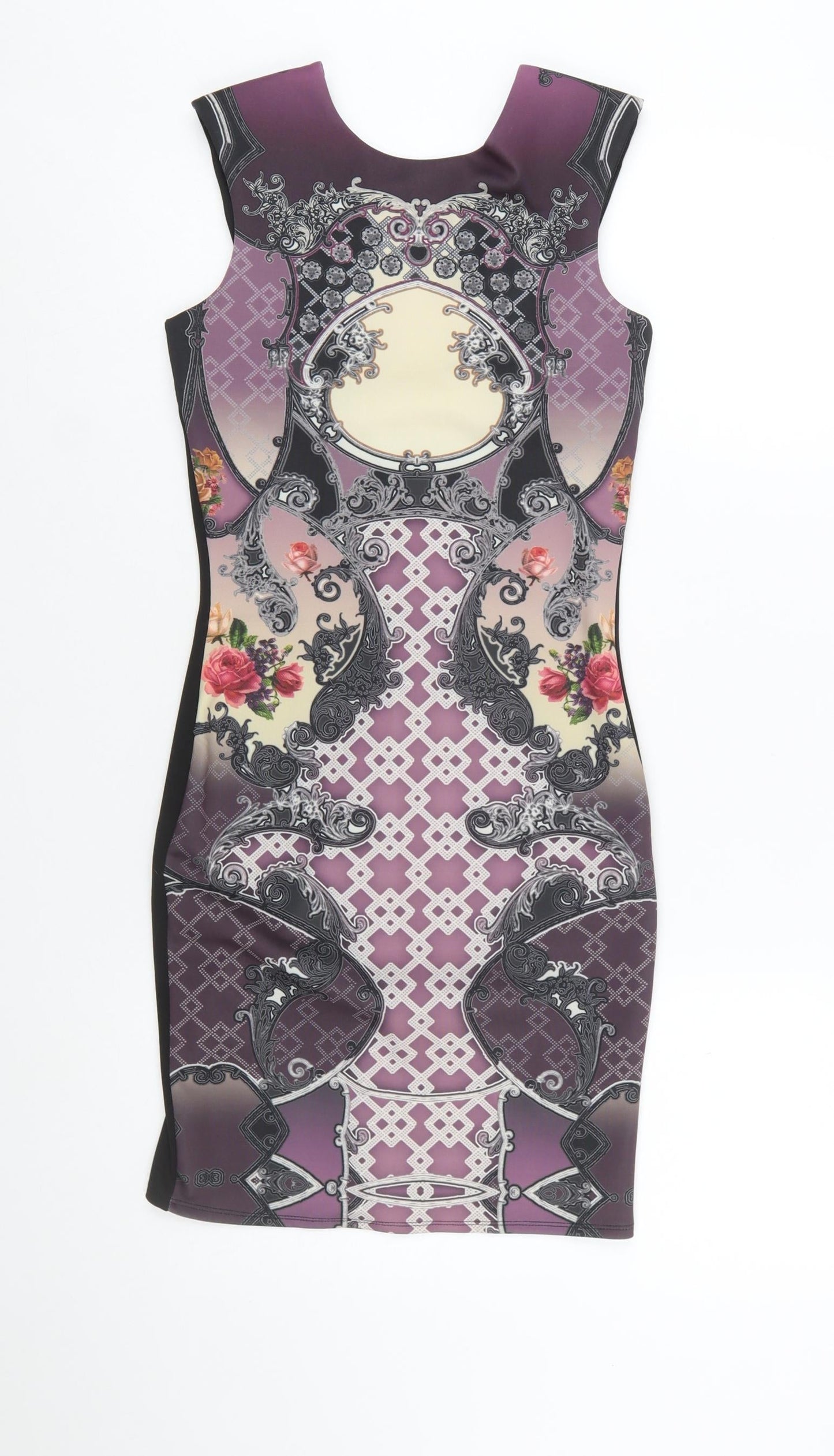 Miss Selfridge Women Purple Bodycon Dress Size 8 Baroque Print Zip Back