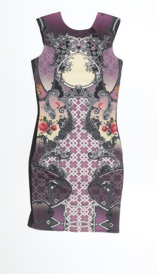 Miss Selfridge Women Purple Bodycon Dress Size 8 Baroque Print Zip Back