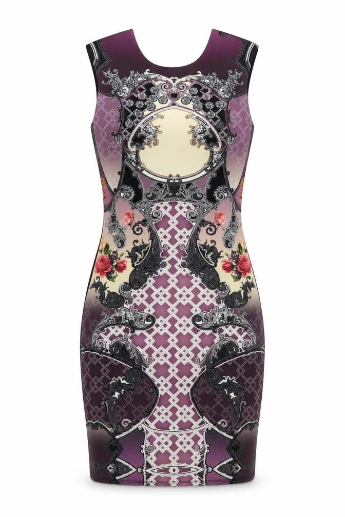 Miss Selfridge Women Purple Bodycon Dress Size 8 Baroque Print Zip Back