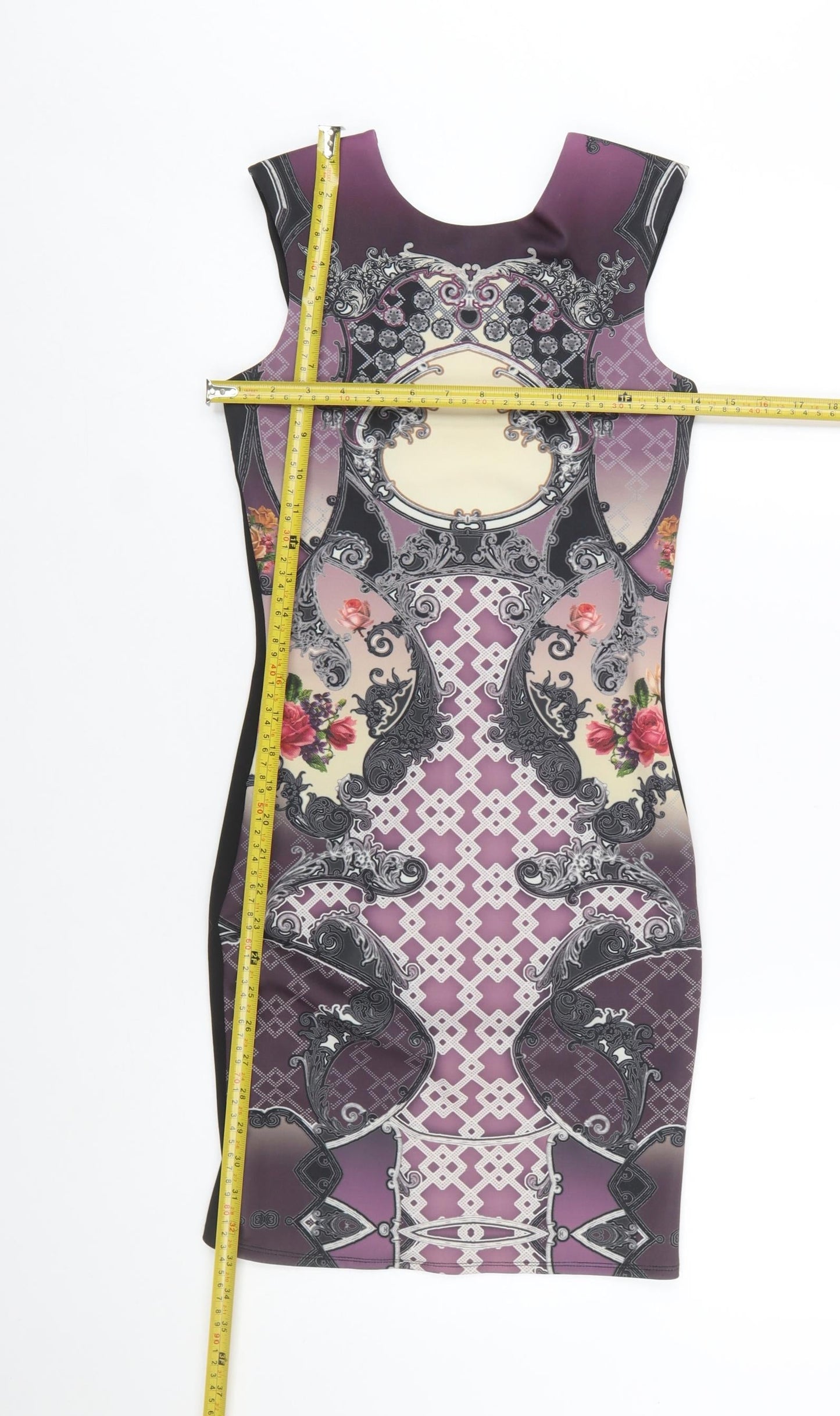 Miss Selfridge Women Purple Bodycon Dress Size 8 Baroque Print Zip Back