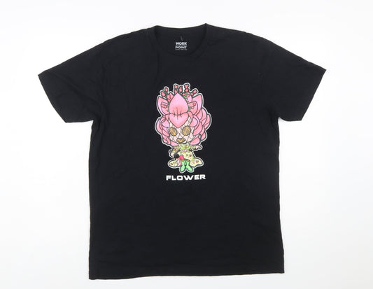 Workpoint Entertainment Women’s Black Flower Cartoon Print T-Shirt Size L