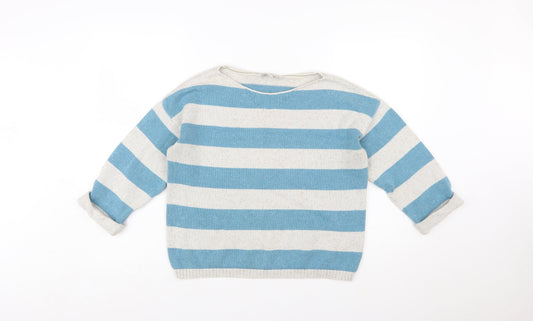 Fat Face Women Blue Striped Cotton Jumper Size 14 Boat Neck