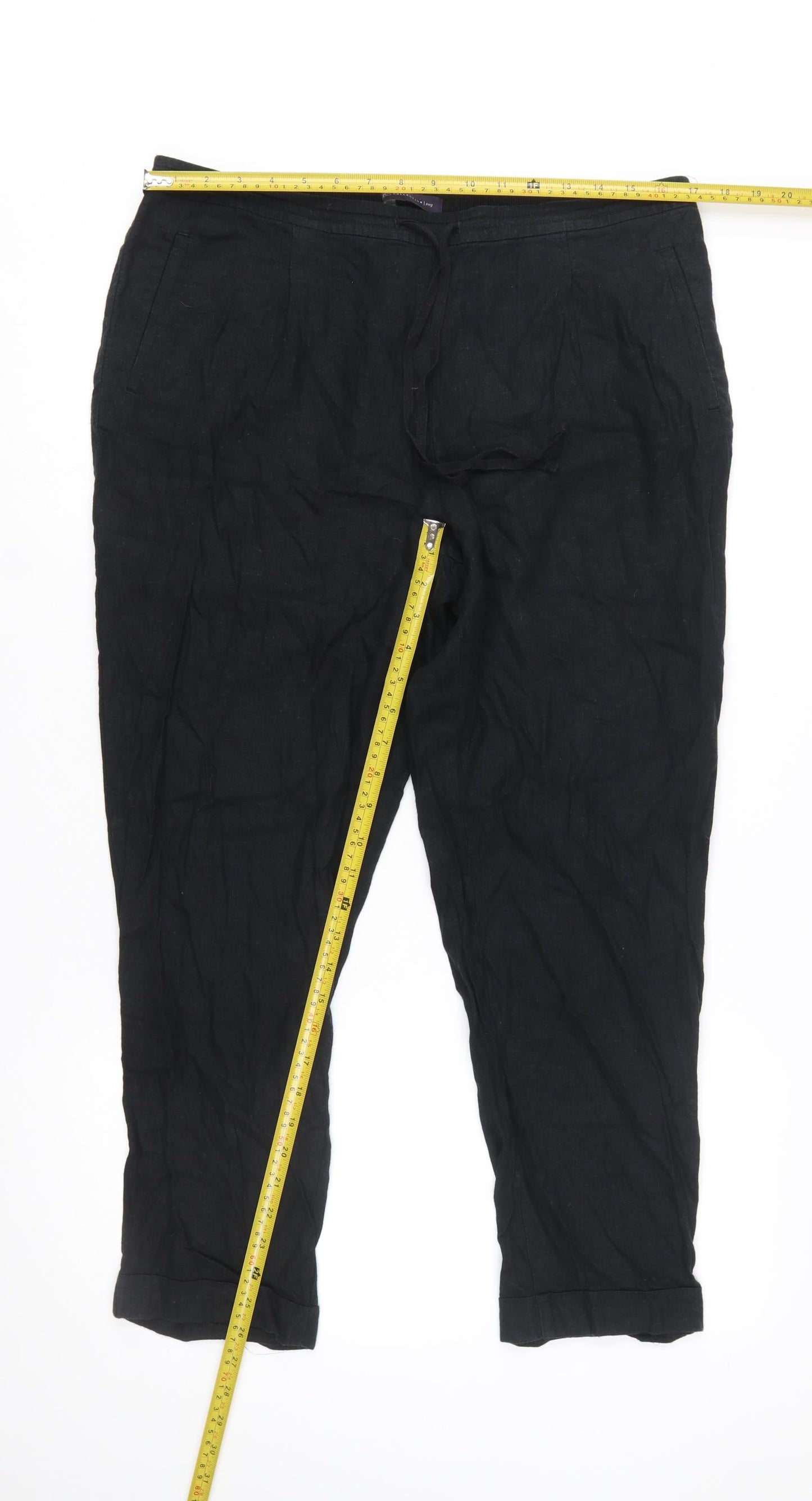 Marks and Spencer Womens Black Linen Blend Cropped Trousers Size 16