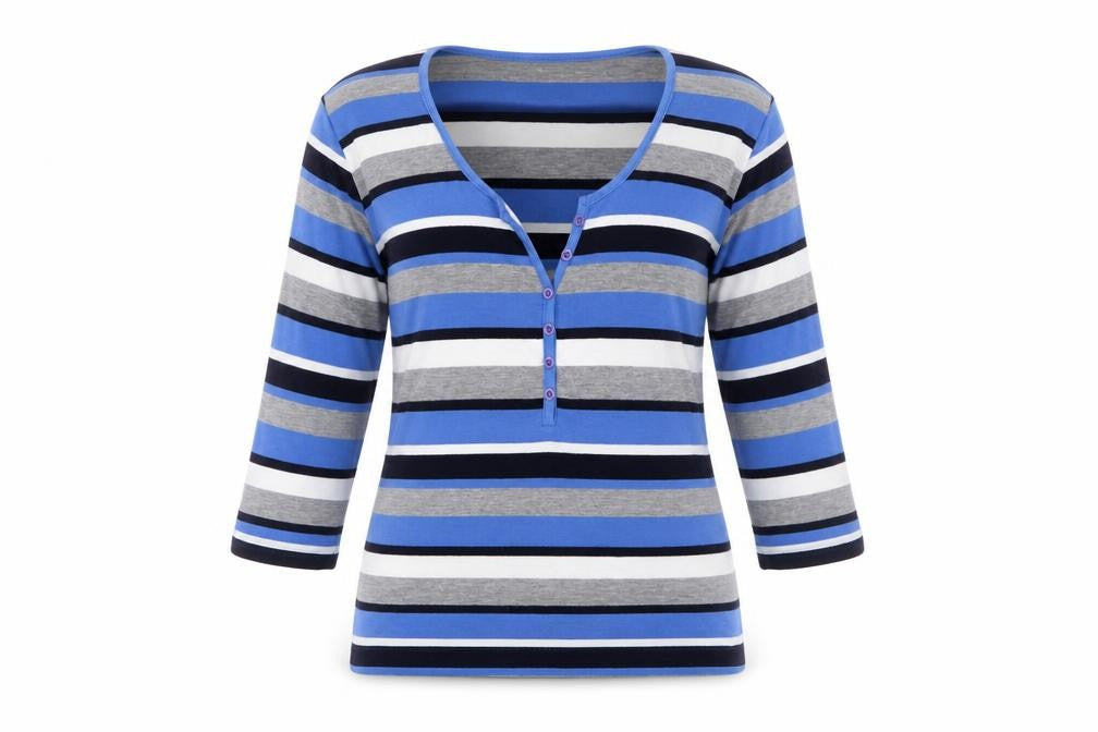 Harbour View Women's Blue Striped 3/4 Sleeve Henley T-Shirt M