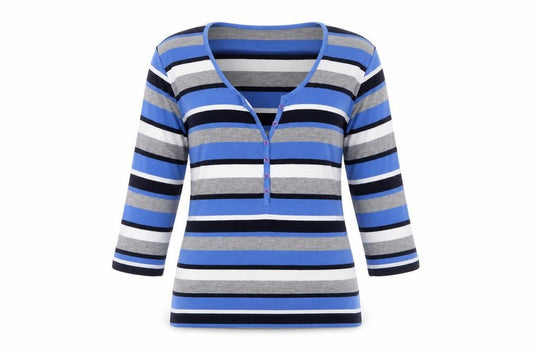 Harbour View Women's Blue Striped 3/4 Sleeve Henley T-Shirt M