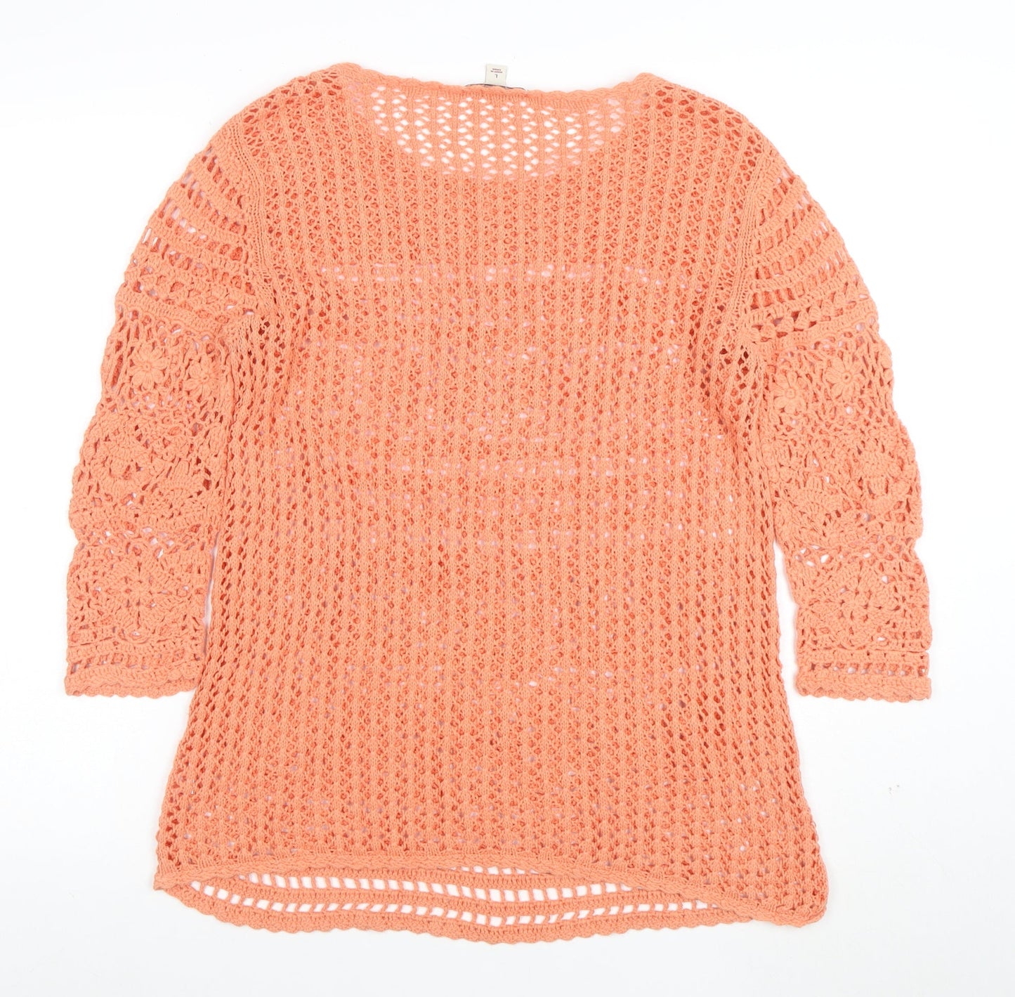 CP Womens Orange Crochet Cotton 3/4 Sleeve Pullover Jumper Size L