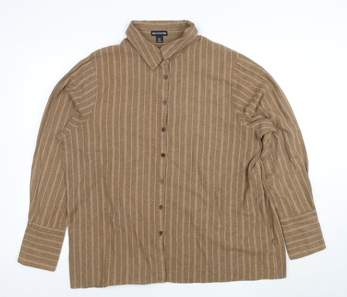 PrettyLittleThing Women Brown Striped Button-Up Shirt UK 10 Long Sleeve Collared