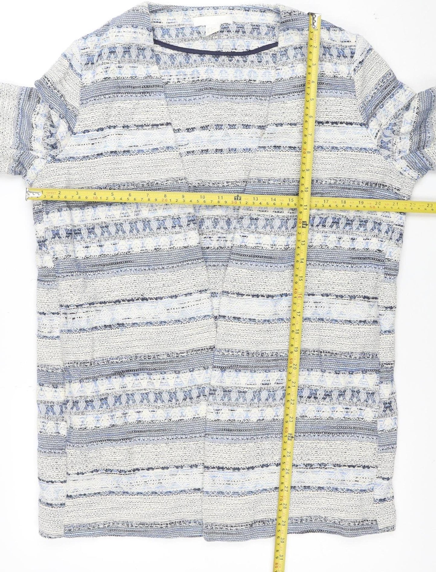 H&M Women Blue Striped Tweed Blazer Jacket M Mid-Length 3/4 Sleeve