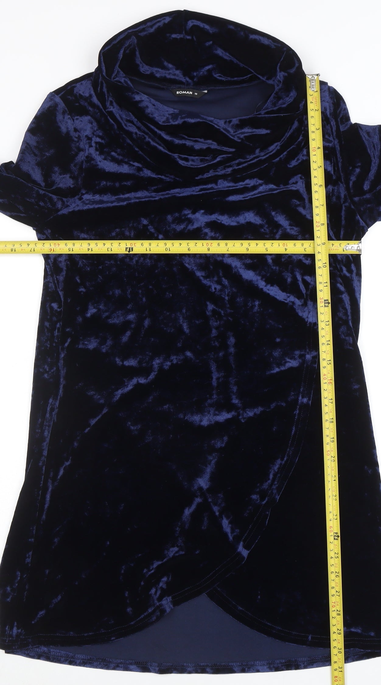 Roman Women Blue Size 10 Velvet Cowl Neck Long Sleeve Shift Dress