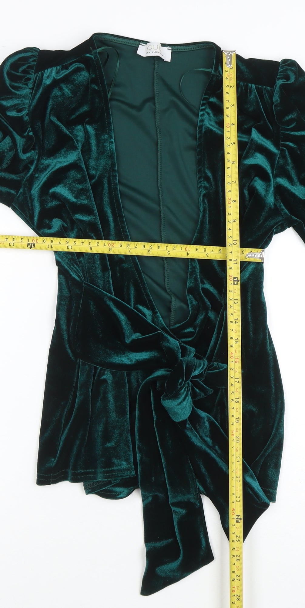 Quiz Women Green Velvet Wrap Blouse Size 8 Long Sleeve Tie Front Top