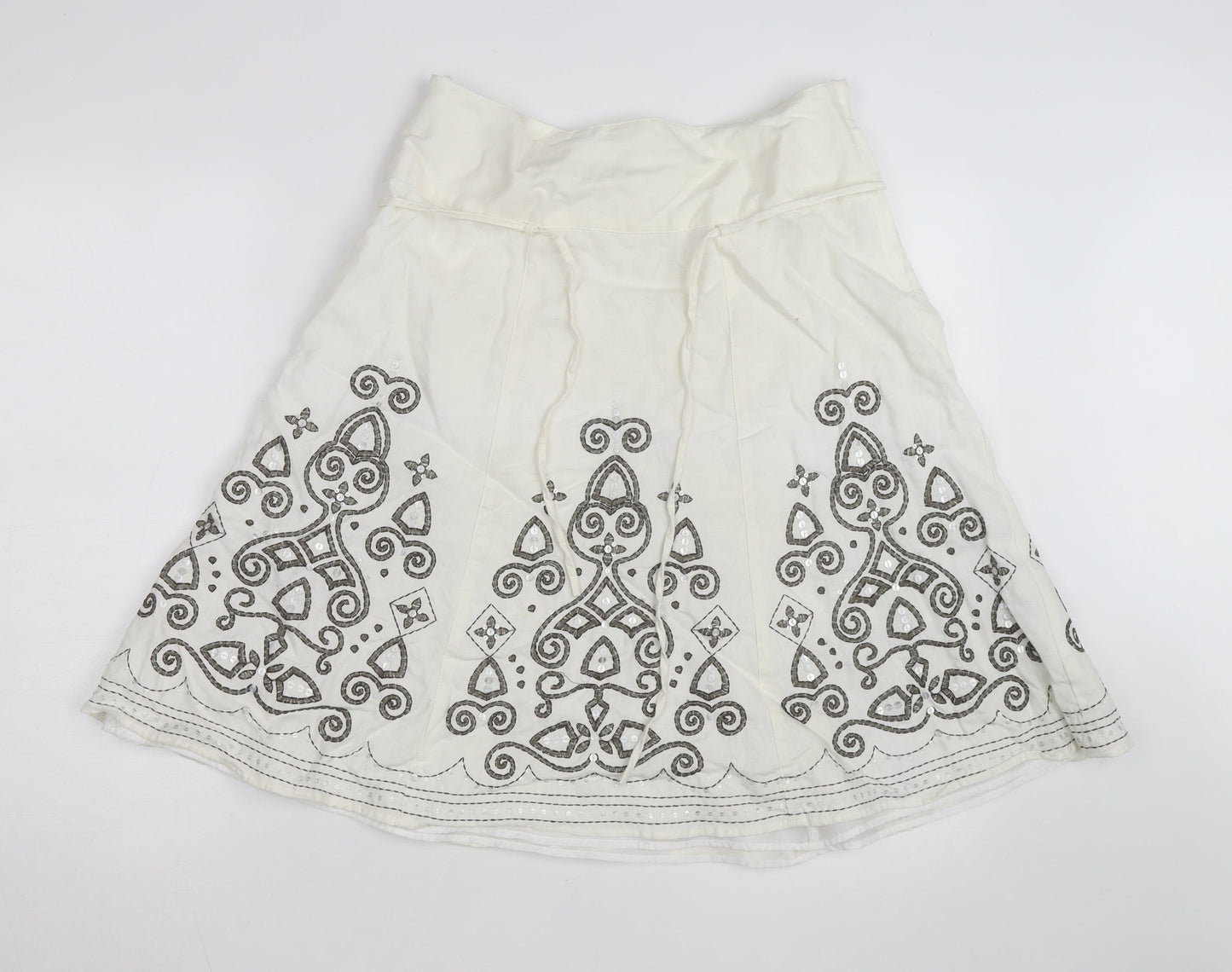 Next Women Ivory Linen Blend A-Line Embroidered Knee Length Skirt Size 12