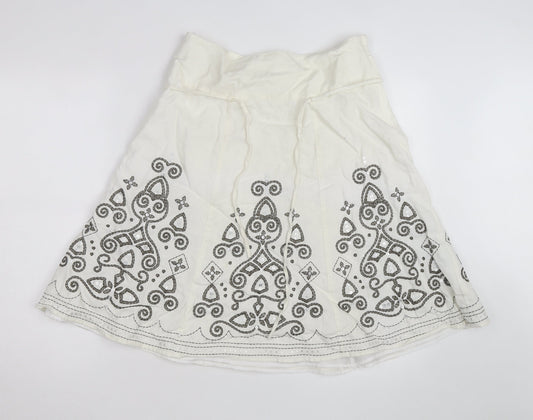 Next Women Ivory Linen Blend A-Line Embroidered Knee Length Skirt Size 12