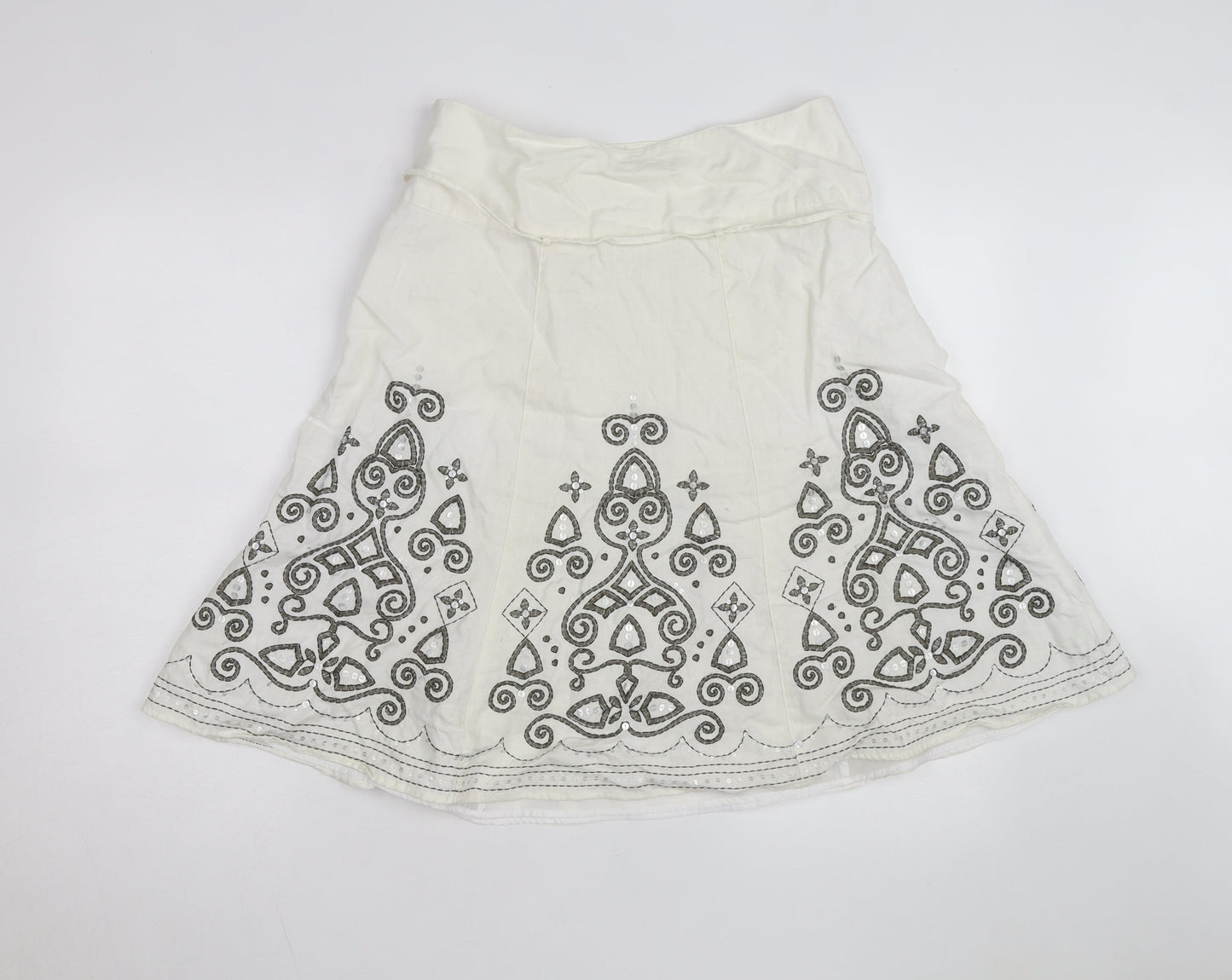 Next Women Ivory Linen Blend A-Line Embroidered Knee Length Skirt Size 12